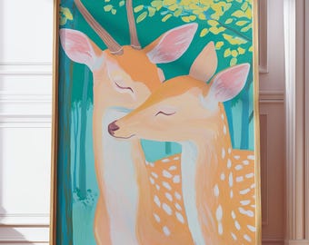 Peaceful Woodland Deer Couple Printable Art, Forest Wildlife Illustration, Botanical Nature Print, Romantic Oil Painting Fairytale Poster