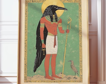 古代エジプト神話の神々のアートプリント、ヴィンテージエジプトポスター、神話のウォールアート、ボヘミアンオカルトファラオのイラスト、歴史ポスター
