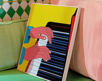 Ilustración plana de piano moderno de instrumento de teclado, estilo pop colorido, arte mural digital para habitación infantil, escuela de música o decoración creativa.