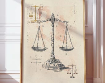 Vintage Scales of Justice Wall Art, Law Office decor, Weegschaal sterrenbeeld print, advocaat graduatiecadeau antieke poster, rustiek kantoorbord