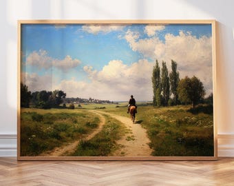 Manifesto vintage con paesaggio pastorale, stampa retrò di strade di campagna, arte antica con cavalieri, manifesto idilliaco di campagna, dipinto a olio del XIX secolo