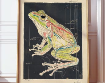 Póster de anatomía de rana dibujado a mano: ilustración científica retro vintage para amantes de la naturaleza y la biología, decoración minimalista para el hogar.