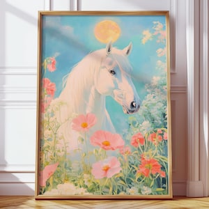 Poster Cheval blanc floral tranquille avec fleurs pastel - Nature apaisante - Poster animal féerique