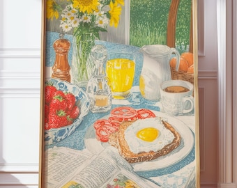 Poster illustrativo per la colazione, arte murale per la cucina, arredamento eclettico per la sala da pranzo, download digitale, stampabile con estetica mattutina, arredamento per la casa Hygge