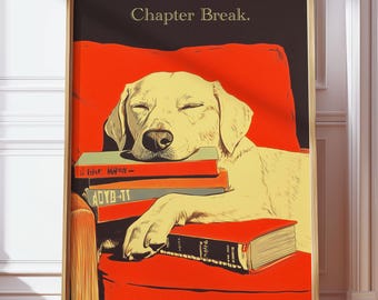Arte de pared vintage acogedor: Labrador dormido con libros para rincones de lectura retro, regalos para amantes de los perros, decoración relajante para el hogar y decoración de rincones de lectura.