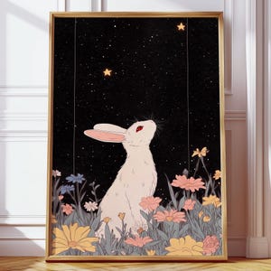 Weißes Kaninchen unter Sternenhimmel - Minimalistische Nacht Illustration mit Blumen, positive Vibe Blumen Vintage japanisch inspirierte Kunst Poster