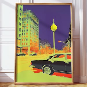 Retro Winter Serene Straßenszene Digitales Poster - Lebhafte Vintage Urban Kunst mit Auto und verschneitem Stadtbild für Dopamin Printable Home Decor