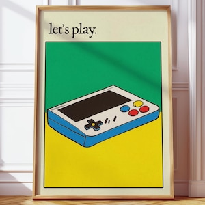 May include: A yellow, green, and blue illustration of a handheld video game console with the text "let's play." on a white background.