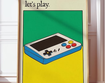 May include: A yellow, green, and blue illustration of a handheld video game console with the text "let's play." on a white background.
