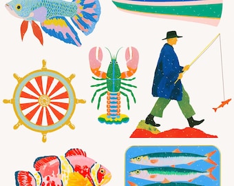 85+ oceaanvis PNG-bundel, visser esthetische clipart afdrukbare, trendy kuststrand clipart, nautische zomer graphics