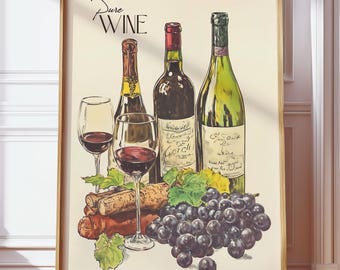 Póster digital de botella de vino vintage con copa de vino tinto, ilustración rústica de uvas, póster imprimible retro de vino orgánico para cocina y bar.