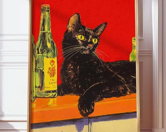 Poster vintage con gatto nero funky, opera d'arte retrò con carrello bar, stampa con scena di bar con gattino rilassato, arte murale con umorismo nero sugli animali, opera d'arte digitale con gatto nero