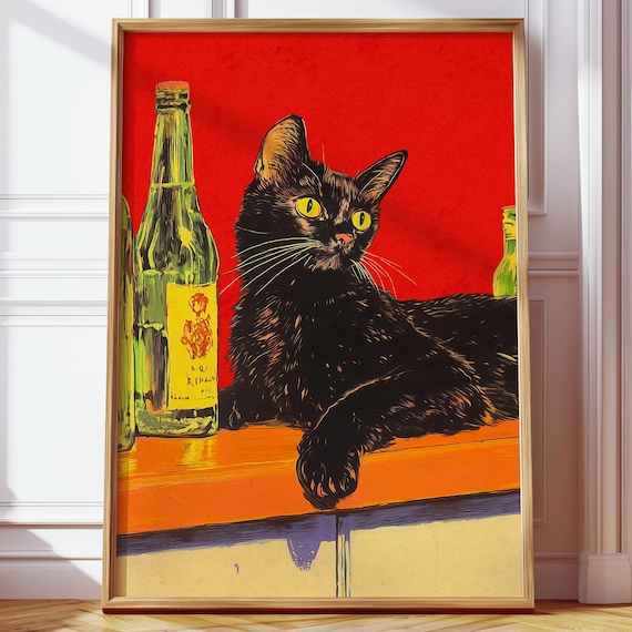 Vintage Funky Black Cat Poster, Retro Bar Cart Artwork, Chill Kitty Bar Scene Print, Animal Dark Humor Wall Art, Black Cat Digital Artwork