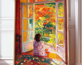 Dromerige ochtendzonlicht schilderij poster, olieverfschilderij in intimistische stijl, zomerkunst aan de muur, Frans landdecor, levendige bloemenprint