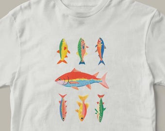 Camiseta vintage con gráfico de peces, colorida ilustración de peces oceánicos, bonita camiseta unisex de arte marino de playa costera de verano, de algodón.