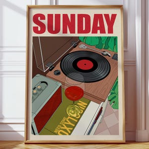 Póster digital de tocadiscos de vinilo retro, arte mural acogedor para un domingo relajado, arte imprimible para amantes de la música, impresión estética de vino tinto