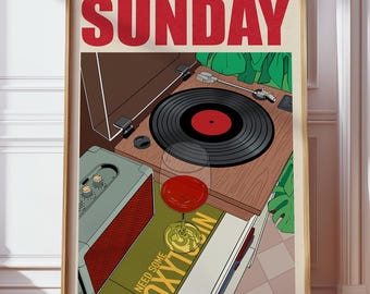 Retro Vinyl Record Player Digital Poster, Cozy Sunday Chill Wall Art, Music Lover Printable Art, Red Wine Aesthetic Print