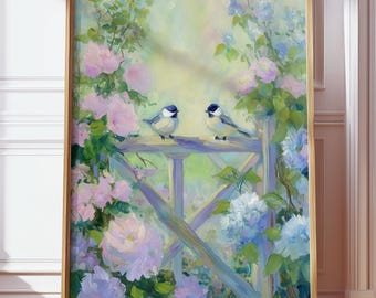 Dipinto a olio di uccelli da giardino Cottagecore, arte murale vintage con cinciallegra, stampa floreale romantica di un giardino primaverile, download digitale di vivaio botanico