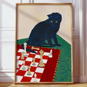 ヴィンテージスタイルの黒猫チェスアートポスター - ゲーム愛好家の装飾に最適な、いたずら好きな猫とチェスの駒をプリントした遊び心のあるデジタルアートワーク