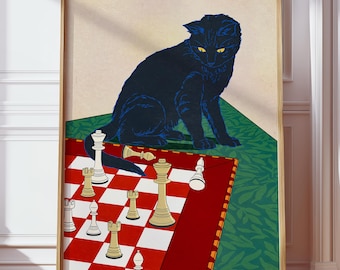 Vintage zwarte kat schaakposter | Speels afdrukbaar kattenkunstwerk | Grappige kattenprint | Capricieuze dierenposter | Afdruk poesje spelen