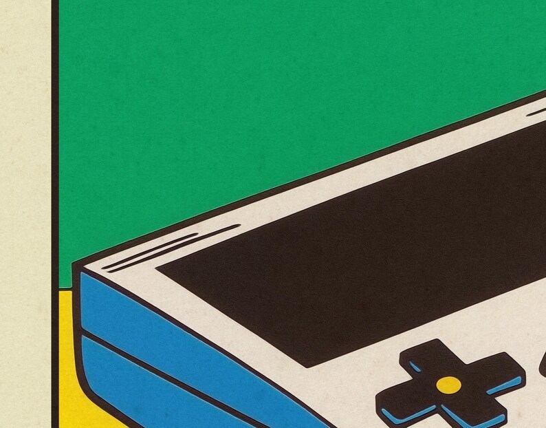 May include: A vintage-style handheld video game console with a blue and white exterior. The console has a black screen and a directional pad with a yellow button.