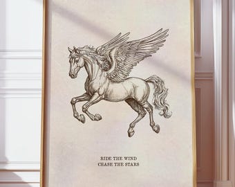 Vintage Pegasus Art Print | Minimalist Boho Horse Digital Poster | Flying Horse with Angel Wings Artwork | Affirmation Animal Printable