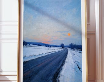 Impressionistische wintersneeuwlandschap landschap kunst aan de muur, besneeuwde weg olieverfschilderij, Blue Hour natuur poster, koudblauwe esthetische tekening