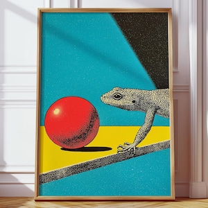 Surreal Lizard and Red Sphere, Ball Illustration Poster - Retro Pop Art Digital Download