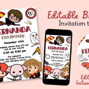 Puede incluir: Una plantilla de invitación de cumpleaños con un tema de dibujos animados. El diseño incluye el nombre "Fernanda" y la fecha, con ilustraciones de personajes y símbolos. La invitación se muestra en papel, en la pantalla de un teléfono y en una pegatina redonda.