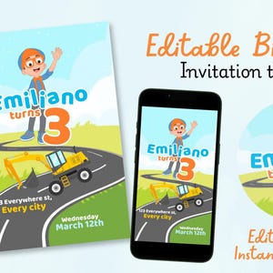 May include: A birthday invitation template featuring a cartoon boy waving on a road with a yellow excavator. The invitation includes the text "Emiliano turns 3" and the date "Wednesday March 12th". The design is available for editing in Canva.