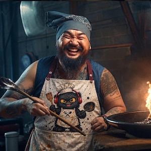 May include: A beige apron featuring a graphic of a black, furry creature wearing a chef hat and red headphones, holding a wooden spatula and a frying pan. The creature wears a smaller white apron with a crossed spatula and spoon icon printed on it.