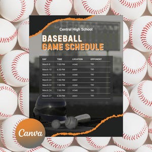 May include: A baseball game schedule from Central High School, with a black and orange design. The schedule includes dates, times, locations, and opponents. The background is filled with white baseballs with red stitching.