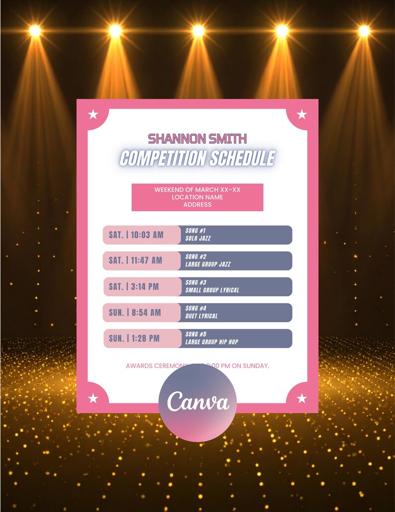Dance Competition Printable Schedule Template | Recital and Rehearsal ...