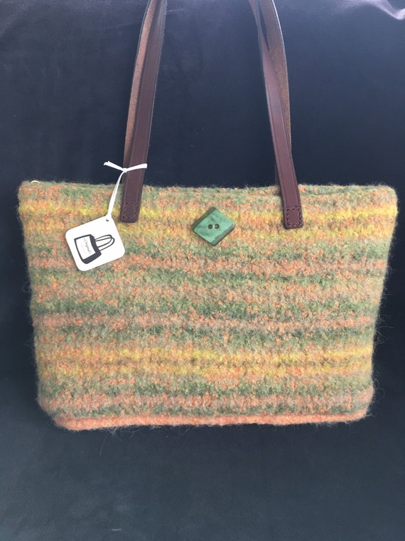 Purse Tangerine and Green Wool Hand Knitted Felted Custom 