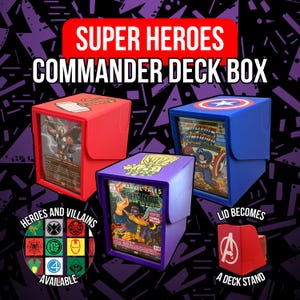 May include: Three rectangular deck boxes in red, blue, and purple, each displaying a Marvel-themed trading card. The red box features Thor, the blue box shows Captain America, and the purple box displays Thanos. Text includes SUPER HEROES COMMANDER DECK BOX.
