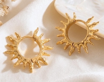 18K Gold Sun Earrings, Minimalist Sunburst Boho Hoops, Celestial Jewelry, Summer Accessories, Unique Gift for Her [SUN002]