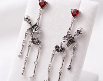 Halloween Skeleton Earrings, Moving Bone Dangle Earrings, Red Crystal Skull Jewelry, Spooky Costume Accessory for Women
