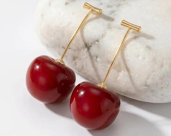 Red Cherry Earrings, Fruit Earrings, Cherry Earrings, Cherry Dangle Gold Earrings, Gift for her