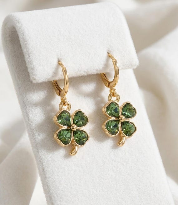 Lucky Clover Earrings, Four Leaf Clover Jewelry, Green Crystal Dangle Earrings, Good Luck Charm Gift, Gold Hoop Earrings For Women [CL001]