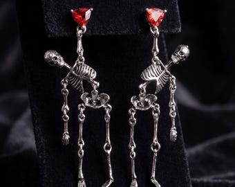 Halloween Skeleton Earrings, Moving Bone Dangle Earrings, Red Crystal Skull Jewelry, Spooky Costume Accessory for Women