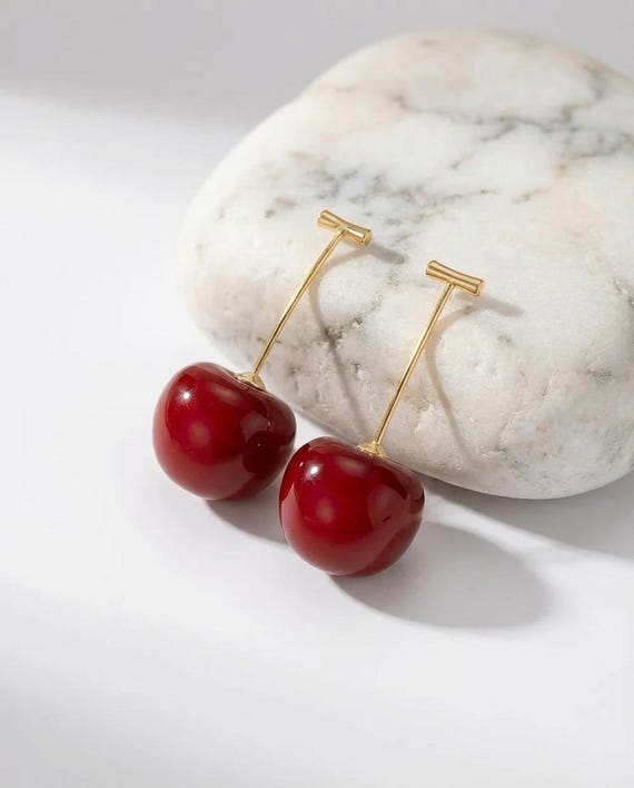 Red Cherry Earrings, Fruit Earrings, Cherry Earrings, Cherry Dangle Gold Earrings, Gift for her