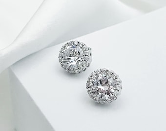 Silver Diamond Earrings, Halo Studs, Elegant Statement Earrings