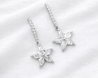 Crystal Star Drop Earrings, Y2K Celestial Jewelry, Dangle Charm Earrings, Minimalist Silver Jewelry for Her