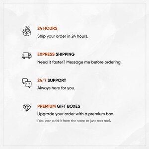 Op de afbeelding: Witte achtergrond met tekst en iconen. De tekst bevat "24 HOURS", "EXPRESS SHIPPING", "24/7 SUPPORT" en "PREMIUM GIFT BOXES". Iconen zijn een doos, een vrachtwagen, een tekstballon en een diamant.