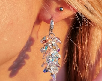 Swarovski Crystal Dangle Earrings, Silver Earrings, Rainbow Crystal Earrings, Iridescent Earrings, Sparkle Earrings, Wedding Earrings