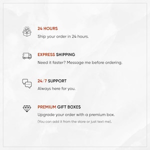 K&ouml;nnte beinhalten: Bild mit Text und Symbolen auf wei&szlig;em Hintergrund. Der Text enth&auml;lt "24 HOURS", "EXPRESS SHIPPING", "24/7 SUPPORT" und "PREMIUM GIFT BOXES". Symbole sind eine Box, ein LKW, Sprechblasen und ein Diamant.