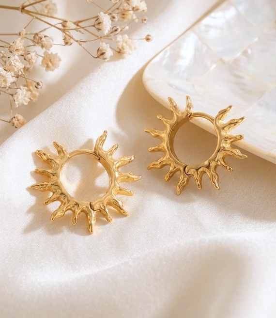 18K Gold Sun Earrings, Minimalist Sunburst Boho Hoops, Celestial Jewelry, Summer Accessories, Unique Gift for Her [SUN002]