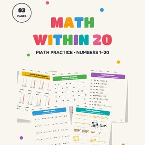 Puede incluir: Un cuaderno de ejercicios de matemáticas titulado MATH WITHIN 20 con 83 páginas. La portada presenta texto colorido y puntos dispersos. Se muestran varias hojas de trabajo, incluyendo ejercicios de lectura de números, vecinos y ecuaciones.