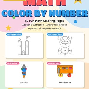May include: A digital math color by number activity set with 63 pages featuring addition and subtraction for ages 4-8. Includes examples of a castle, bear, ice cream, and school bus coloring pages with corresponding answer keys.