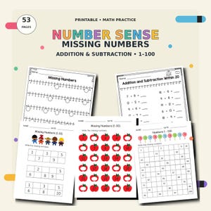 Può includere: Un set di 53 pagine di esercizi di matematica stampabili intitolato Number Sense Missing Numbers Addition & Subtraction 1-100. I fogli includono linee numeriche, addizioni, sottrazioni e griglie con numeri mancanti e illustrazioni di mele.